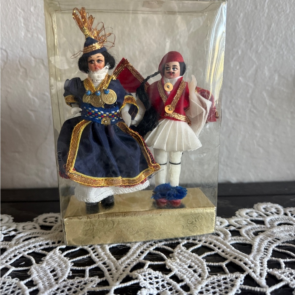 Vintage Traditional Greek Doll Set in Blue and Red- still in their original box